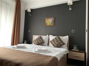 波亚纳布拉索夫TIAM Apartment Poiana Brașov D117, 3 rooms, 3 terraces, 3 bathrooms的卧室内的一张大床,设有黑色的墙壁