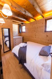 梅杰夫Close to the village - Chalet 4 Bedrooms, Mont-Blanc View的小木屋卧室配有两张床和镜子