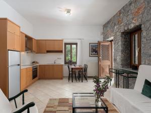 普林斯Aura Traditional Apartment的厨房以及带沙发和桌子的客厅。