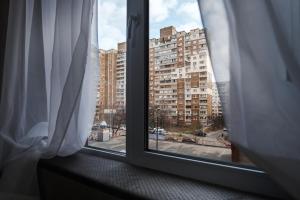 基辅CityApartments Kyiv Akademmistechko的享有大型建筑景致的窗户。