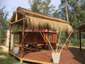 马尔多纳多Los Quetzales的茅草屋顶和木甲板小屋