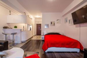 RoşuStudio Residence Militari M6的一间带红色床的卧室和一间厨房