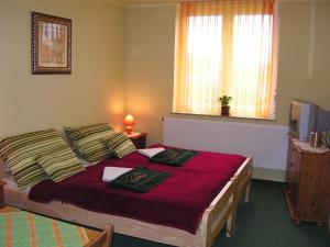 赛特古特哈德佩尔戈拉别墅酒店的一间卧室配有一张带红色床单的床和一扇窗户。