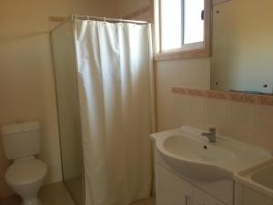 沃拉鲁松本汽车旅馆的浴室配有淋浴帘和盥洗盆。