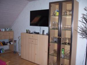 舍瑙Ferienwohnung am Pfaffenfels的客厅配有电视和带玻璃架的架子