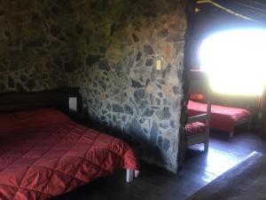 米纳斯San Francisco De Las Sierras的一间卧室设有一张床和石墙