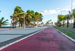 萨尔瓦多伊塔普瓦海滩灯塔酒店的海滩边一条种有棕榈树的道路