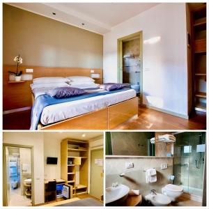 里乔内Hotel Liane Riccione的卧室配有一张床和一间浴室的两张照片