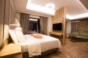 美特索文Adryades luxury apartments的酒店客房,配有床和电视