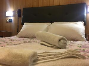 里米尼佐丹奴斯皮亚贾格酒店的一间卧室配有带毛巾的床