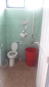 巴利盖Villa Sahala Simanjuntak的一间带卫生间和红色桶的浴室