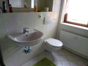萨克森自由州诺伊斯塔滕Ferienwohnung Familie Schneider的一间带水槽和卫生间的浴室