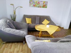 萨克森自由州诺伊斯塔滕Ferienwohnung Familie Schneider的客厅配有沙发和桌子