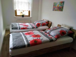 萨克森自由州诺伊斯塔滕Ferienwohnung Familie Schneider的红色花房内的两张床