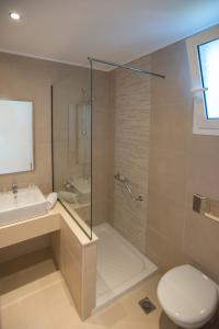 塞奥洛戈斯梅利酒店的带淋浴、卫生间和盥洗盆的浴室