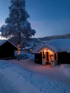 TuddalTuddal Hyttegrend, GAMLESTUGU, Telemark的雪中带树的雪覆盖小屋