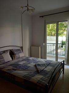 尼亚米卡尼奥纳DESPOINA APARTMENT with garden的一间卧室设有一张床和一个大窗户