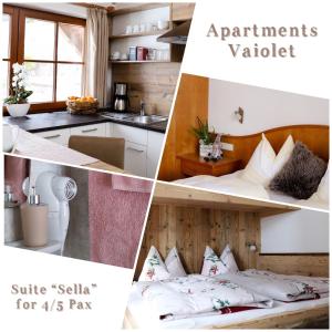 圣克里斯蒂娜Apartments Vaiolet的一张厨房图片和一张房间床的拼贴图