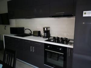 布什泰尼APARTAMENT GOLDEN ROSE 2的厨房配有黑色橱柜和炉灶烤箱。