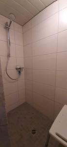 阿尔肯Gästehaus Probst的带淋浴的浴室和瓷砖墙