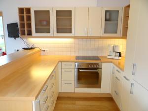 施瓦岑贝格Wiesen Appartment的厨房配有白色橱柜和烤箱。
