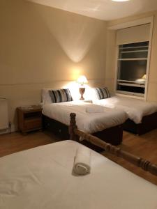 格拉斯哥格鲁吉亚庄园的一间卧室设有两张床和一张桌子上的台灯。