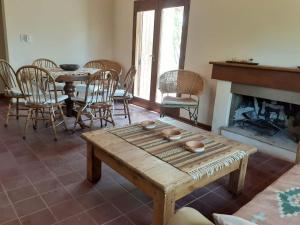 波特雷里约斯Remanso de las Acacias - Potrerillos的客厅配有桌椅和壁炉