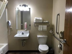 Rock ValleyHeartland Hotel & Suites的一间带卫生间、水槽和镜子的浴室