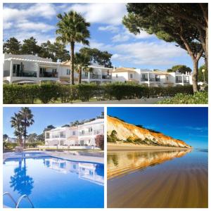 奥霍斯德古阿Algarve Albufeira, quiet apart with pool at 10 mn walk from Praia da Falesia的三幅房子和游泳池的照片拼凑而成
