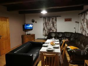 斯泰尔霍伊Chalupa U Potoka的客厅配有黑色真皮沙发和桌子