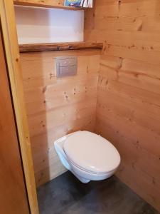 大博尔南La Vardase的浴室设有木制墙壁上的白色卫生间