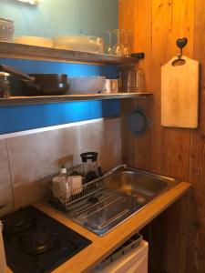 RothbachSunrise Cabin et Sauna的厨房水槽和碗架旁