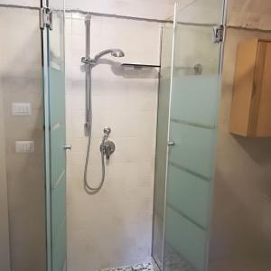 洛科罗通多Trulli Manuela 2的淋浴设有玻璃门和淋浴头