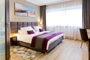 克拉科夫Hotel CONRAD Comfort的一间卧室配有一张床、一张书桌和一个窗户。