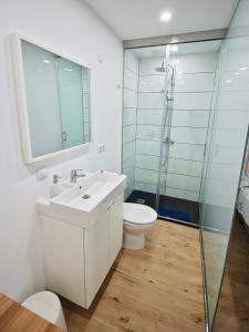 大塔拉哈尔Be&Ba Chinijo的一间带水槽、卫生间和玻璃淋浴间的浴室