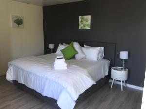 莫塞尔湾Vue Port的一间卧室配有带白色床单和绿色枕头的床。