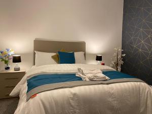 泰恩河畔纽卡斯尔Heaton Park Road Professional Lets的卧室配有蓝色和白色的大床