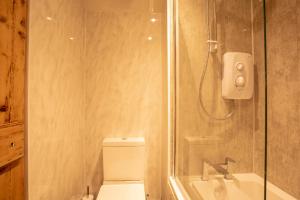 海伦斯堡Black Stair Cottage的带淋浴、卫生间和盥洗盆的浴室