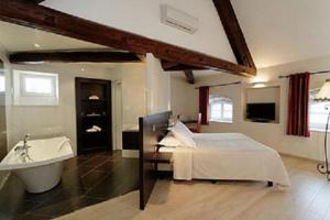桑畔斯蒙特乔利城堡酒店的一间带一张床和浴缸的大卧室