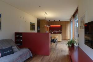卢斯特瑙Ferienhaus S11 Lustenau的客厅以及带沙发和桌子的厨房。