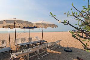 七岩攀亚之地酒店的海滩上的一组椅子和遮阳伞