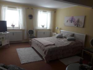 施特芬斯哈根Lavendel的一间卧室设有一张大床和两个窗户。