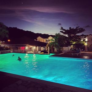 圣安娜Superbe studio de standing à 800m de la mer des Caraïbes le hameau de beauregard sainte anne的一个晚上有人在游泳池游泳的游泳池