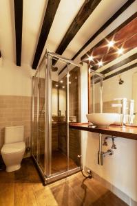 托莱多Tres Lunas的一间带玻璃淋浴和卫生间的浴室
