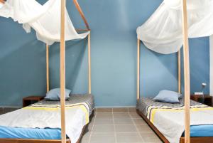 马哈赞加HANIALA BY THE SEA的蓝色墙壁的客房内设有两张双层床。