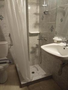 比雷埃夫斯Omiros的带淋浴、盥洗盆和卫生间的浴室