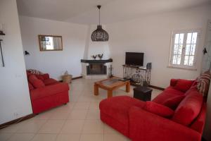 SoalheiraVilla De Hofnar的客厅设有2张红色的沙发和壁炉