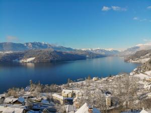 米尔施塔特盖茨弗莱德住宿加早餐酒店的享有带雪覆盖山脉的湖泊美景。