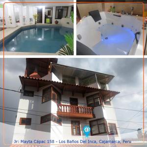 Los Baños del IncaHospedaje Casa Blanca Beach的房屋和游泳池的照片拼凑而成