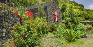 Pontas NegrasCasas de Incensos - TER -TA的一座石头房子,有红色的窗户和一些植物
